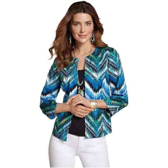 Chico's Womens Jacket Size 3 US XL Blue Herringbone Chevron Blazer Open Carmella - Picture 7 of 12